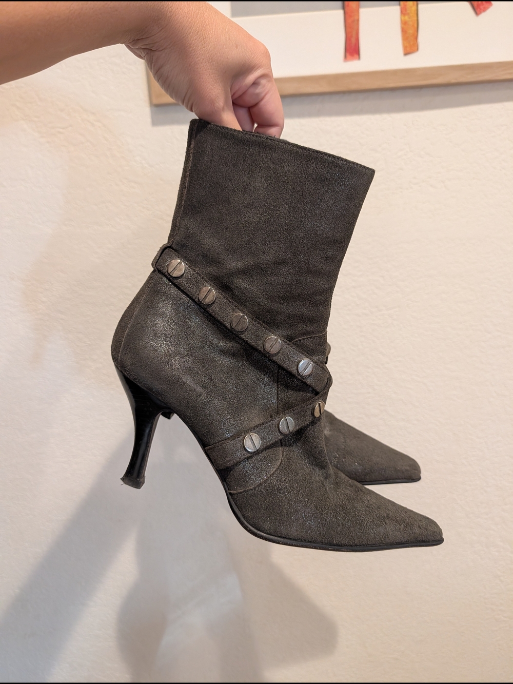 Donald J. Pliner Charcoal Gray Suede Pointed-Toe Stiletto Ankle Boots